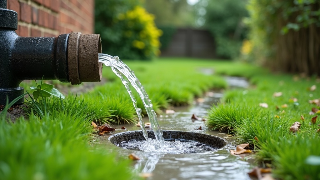 A garden with visible water pooling, a blocked gutter, and a slow-draining outdoor drain, showing common drainage issues in the UK