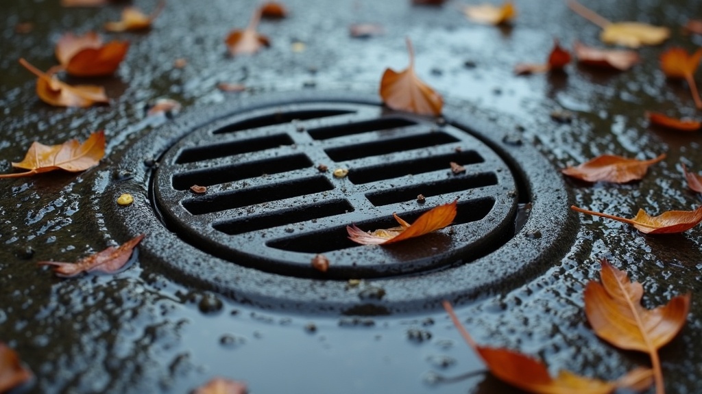 A photo of a UK drain cover surrounded by wet leaves and rainfall, illustrating British weather conditions affecting drainage.